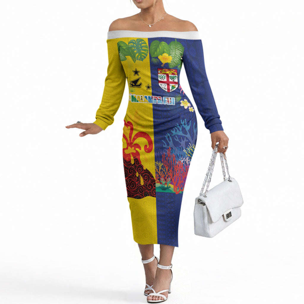 Malampa Fiji Day Off The Shoulder Long Sleeve Dress Volcano and Coral Reef with Culture Patterns Split Style