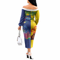 Malampa Fiji Day Off The Shoulder Long Sleeve Dress Volcano and Coral Reef with Culture Patterns Split Style