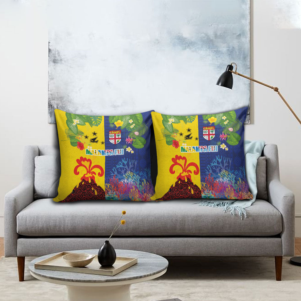 Malampa Fiji Day Pillow Cover Volcano and Coral Reef with Culture Patterns Split Style