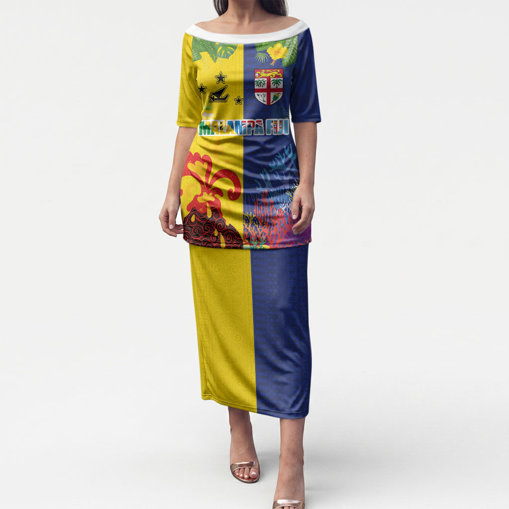 Malampa Fiji Day Puletasi Volcano and Coral Reef with Culture Patterns Split Style