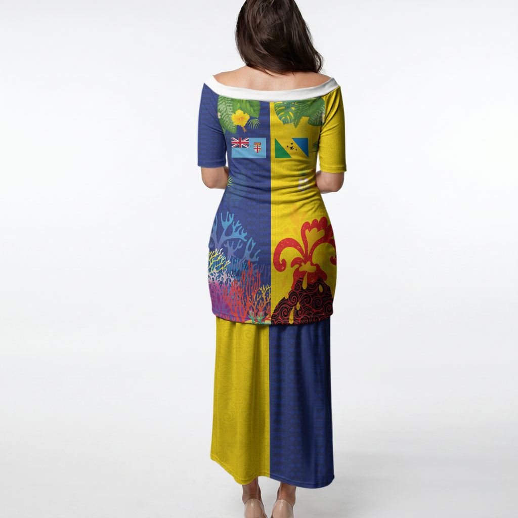 Malampa Fiji Day Puletasi Volcano and Coral Reef with Culture Patterns Split Style