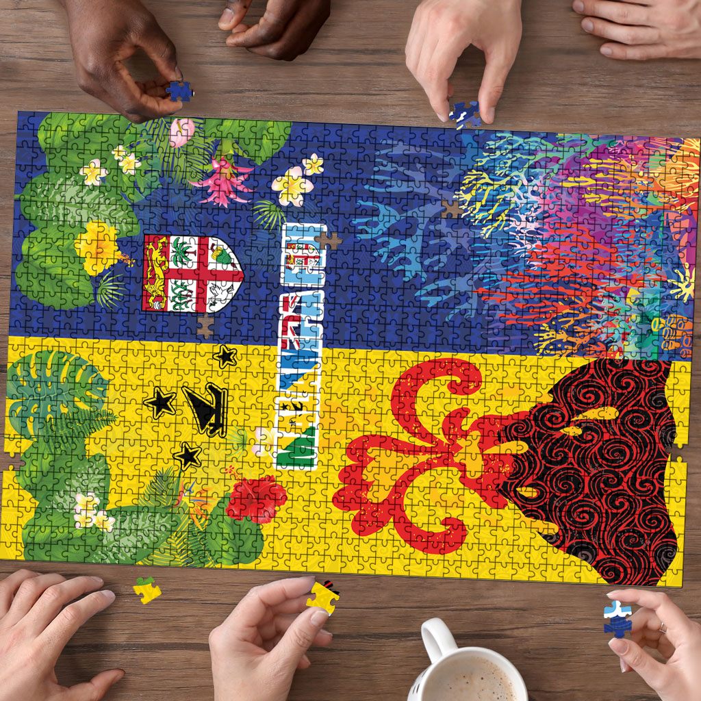 Malampa Fiji Day Puzzle Volcano and Coral Reef with Culture Patterns Split Style