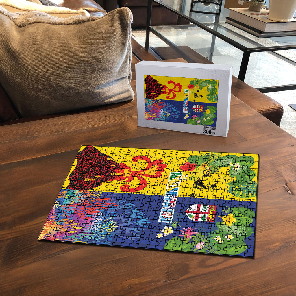 Malampa Fiji Day Puzzle Volcano and Coral Reef with Culture Patterns Split Style