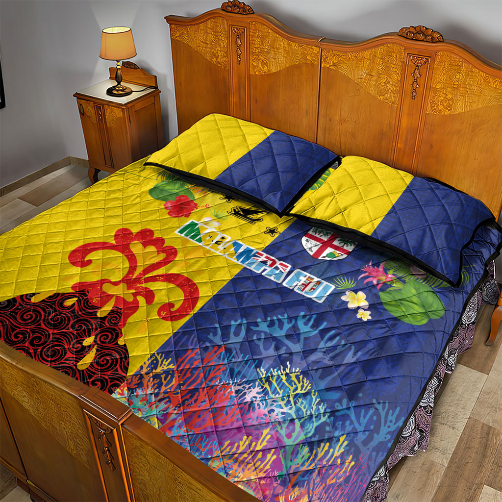 Malampa Fiji Day Quilt Bed Set Volcano and Coral Reef with Culture Patterns Split Style