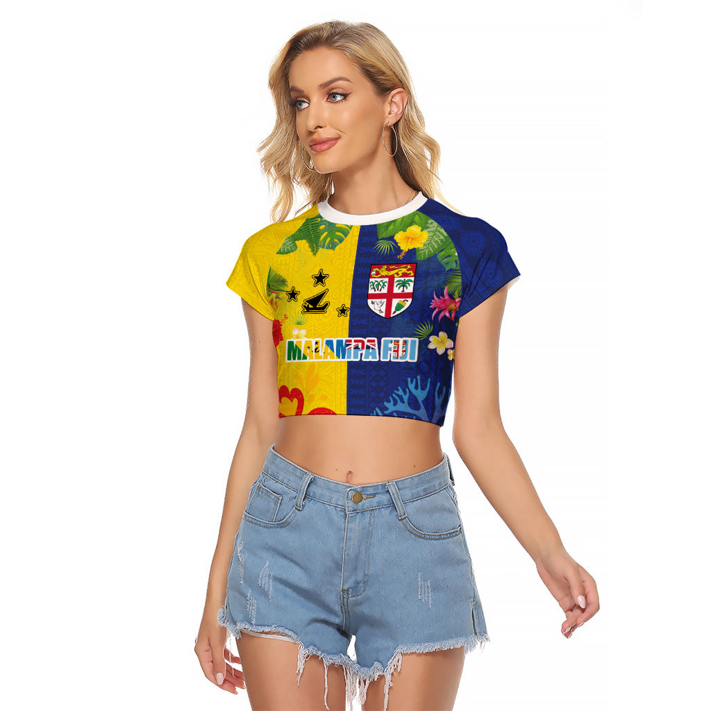 Malampa Fiji Day Raglan Cropped T Shirt Volcano and Coral Reef with Culture Patterns Split Style