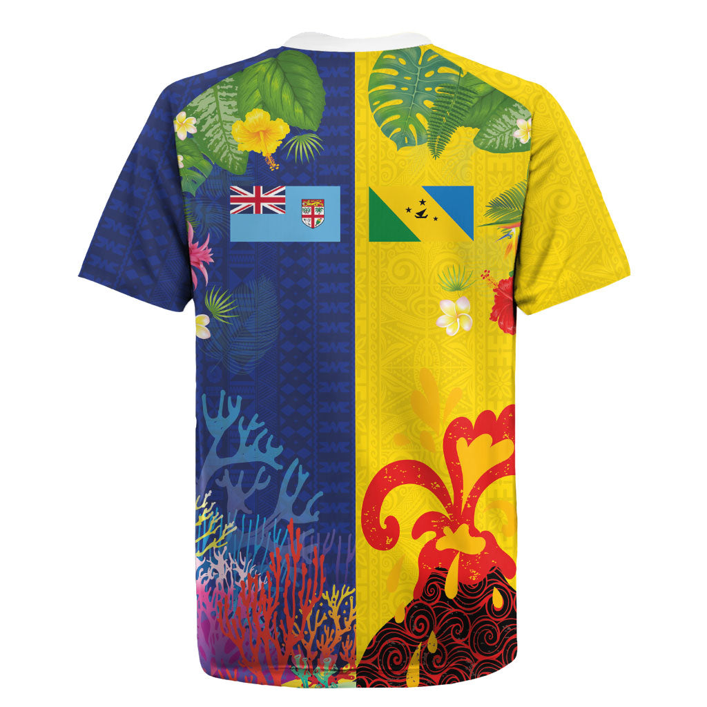 Malampa Fiji Day Rugby Jersey Volcano and Coral Reef with Culture Patterns Split Style