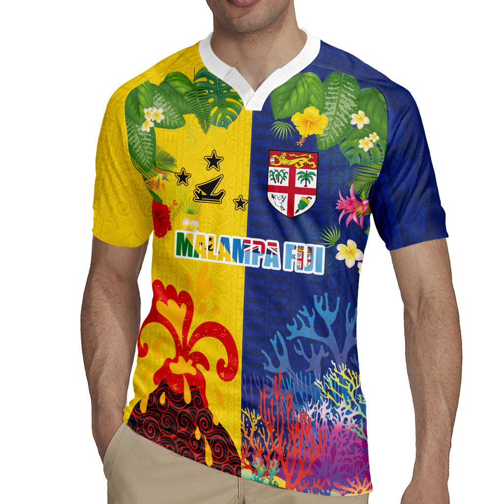 Malampa Fiji Day Rugby Jersey Volcano and Coral Reef with Culture Patterns Split Style