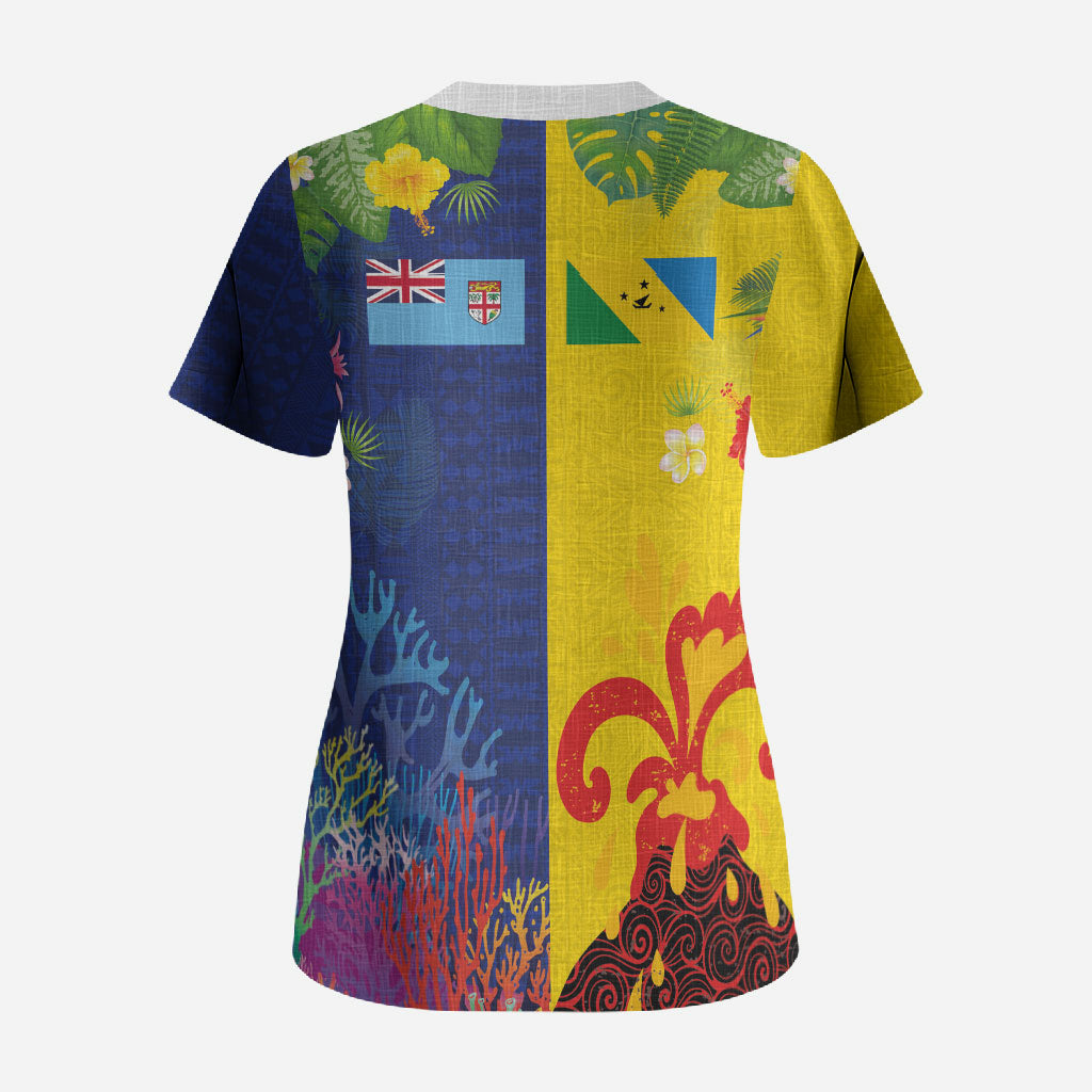 Malampa Fiji Day Scrub Top Volcano and Coral Reef with Culture Patterns Split Style