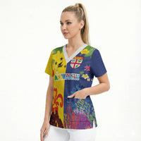 Malampa Fiji Day Scrub Top Volcano and Coral Reef with Culture Patterns Split Style