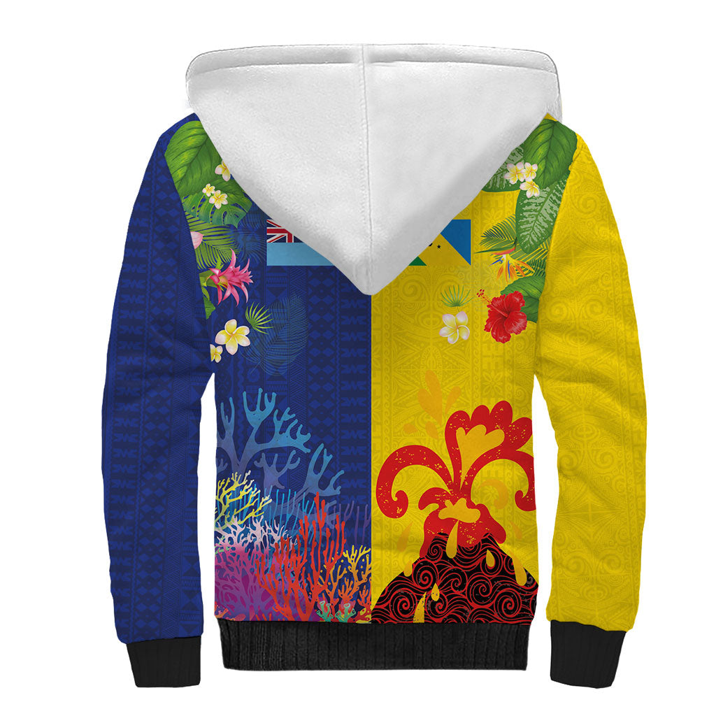 Malampa Fiji Day Sherpa Hoodie Volcano and Coral Reef with Culture Patterns Split Style