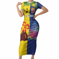 Malampa Fiji Day Short Sleeve Bodycon Dress Volcano and Coral Reef with Culture Patterns Split Style