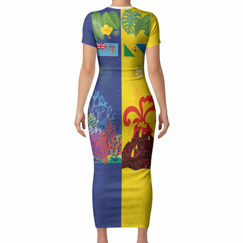 Malampa Fiji Day Short Sleeve Bodycon Dress Volcano and Coral Reef with Culture Patterns Split Style