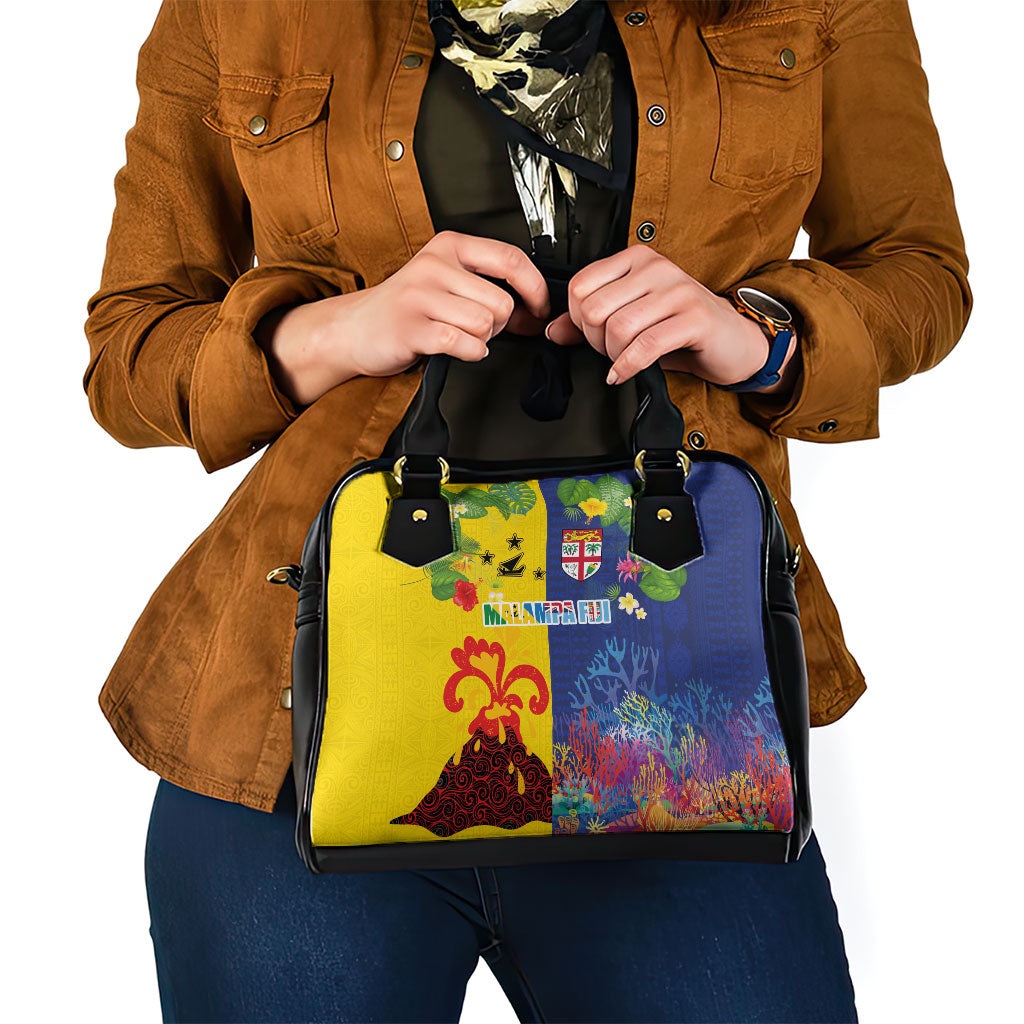 Malampa Fiji Day Shoulder Handbag Volcano and Coral Reef with Culture Patterns Split Style