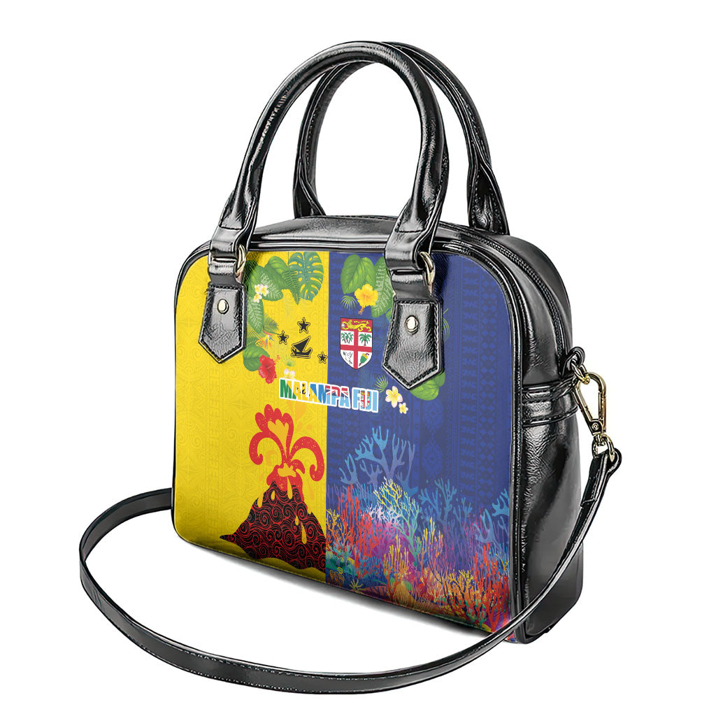 Malampa Fiji Day Shoulder Handbag Volcano and Coral Reef with Culture Patterns Split Style