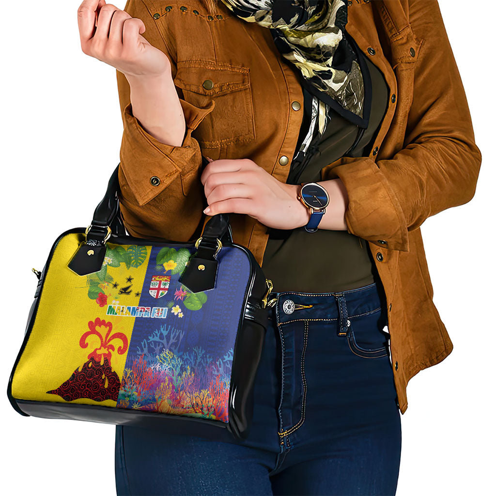 Malampa Fiji Day Shoulder Handbag Volcano and Coral Reef with Culture Patterns Split Style