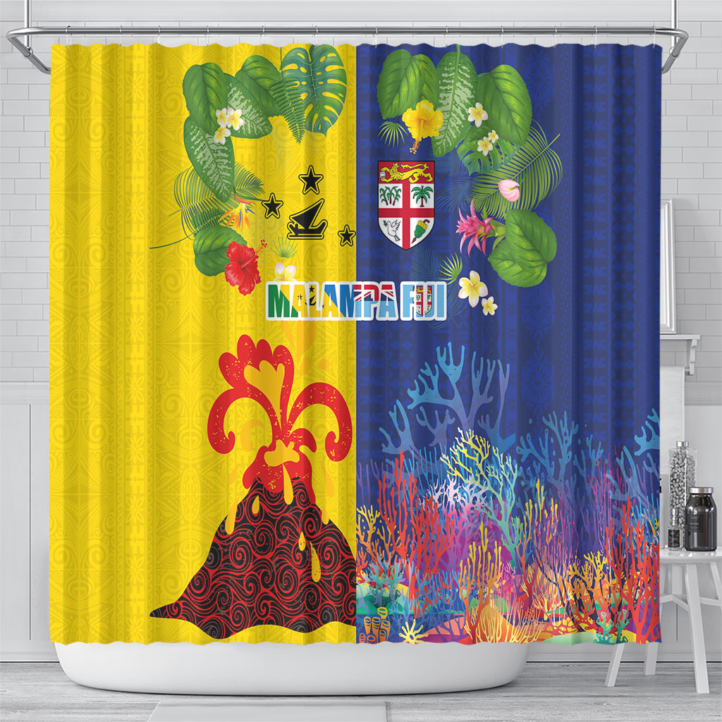 Malampa Fiji Day Shower Curtain Volcano and Coral Reef with Culture Patterns Split Style