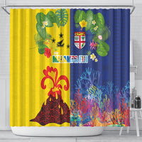 Malampa Fiji Day Shower Curtain Volcano and Coral Reef with Culture Patterns Split Style