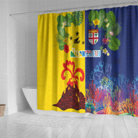 Malampa Fiji Day Shower Curtain Volcano and Coral Reef with Culture Patterns Split Style