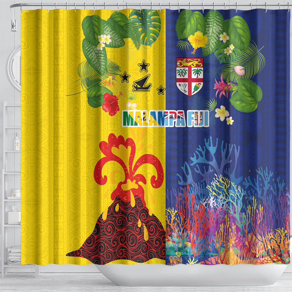 Malampa Fiji Day Shower Curtain Volcano and Coral Reef with Culture Patterns Split Style
