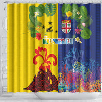 Malampa Fiji Day Shower Curtain Volcano and Coral Reef with Culture Patterns Split Style