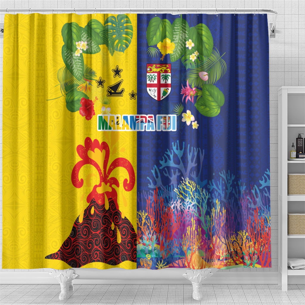 Malampa Fiji Day Shower Curtain Volcano and Coral Reef with Culture Patterns Split Style