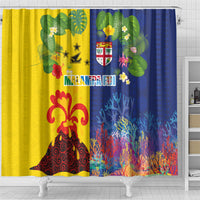 Malampa Fiji Day Shower Curtain Volcano and Coral Reef with Culture Patterns Split Style