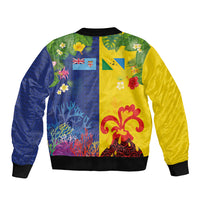 Malampa Fiji Day Sleeve Zip Bomber Jacket Volcano and Coral Reef with Culture Patterns Split Style