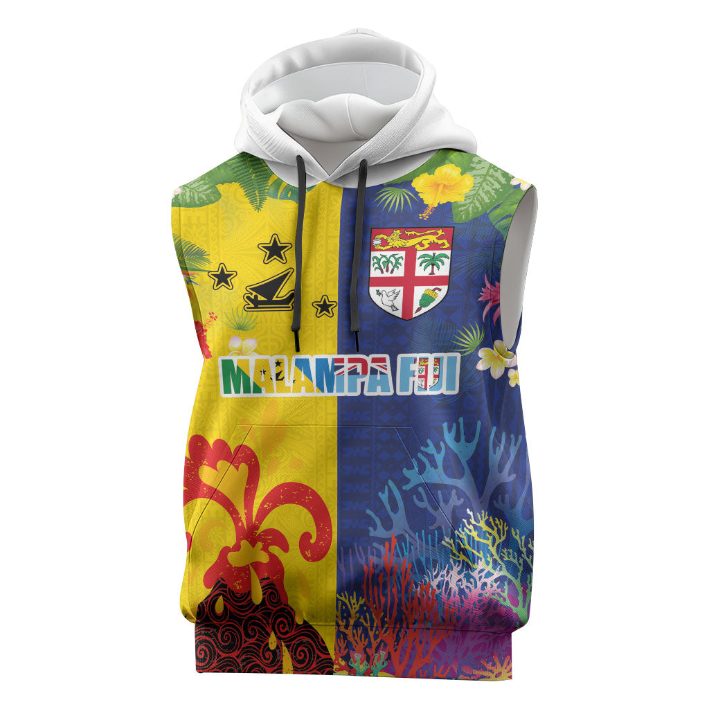 Malampa Fiji Day Sleeveless Hoodie Volcano and Coral Reef with Culture Patterns Split Style
