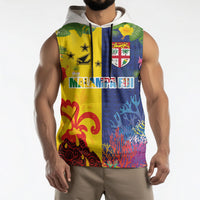 Malampa Fiji Day Sleeveless Hoodie Volcano and Coral Reef with Culture Patterns Split Style