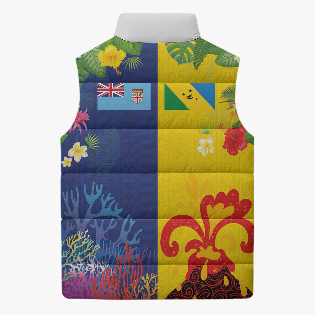 Malampa Fiji Day Sleeveless Puffer Jacket Volcano and Coral Reef with Culture Patterns Split Style