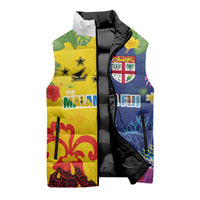 Malampa Fiji Day Sleeveless Puffer Jacket Volcano and Coral Reef with Culture Patterns Split Style
