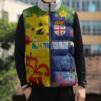 Malampa Fiji Day Sleeveless Puffer Jacket Volcano and Coral Reef with Culture Patterns Split Style
