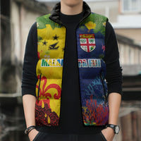 Malampa Fiji Day Sleeveless Puffer Jacket Volcano and Coral Reef with Culture Patterns Split Style