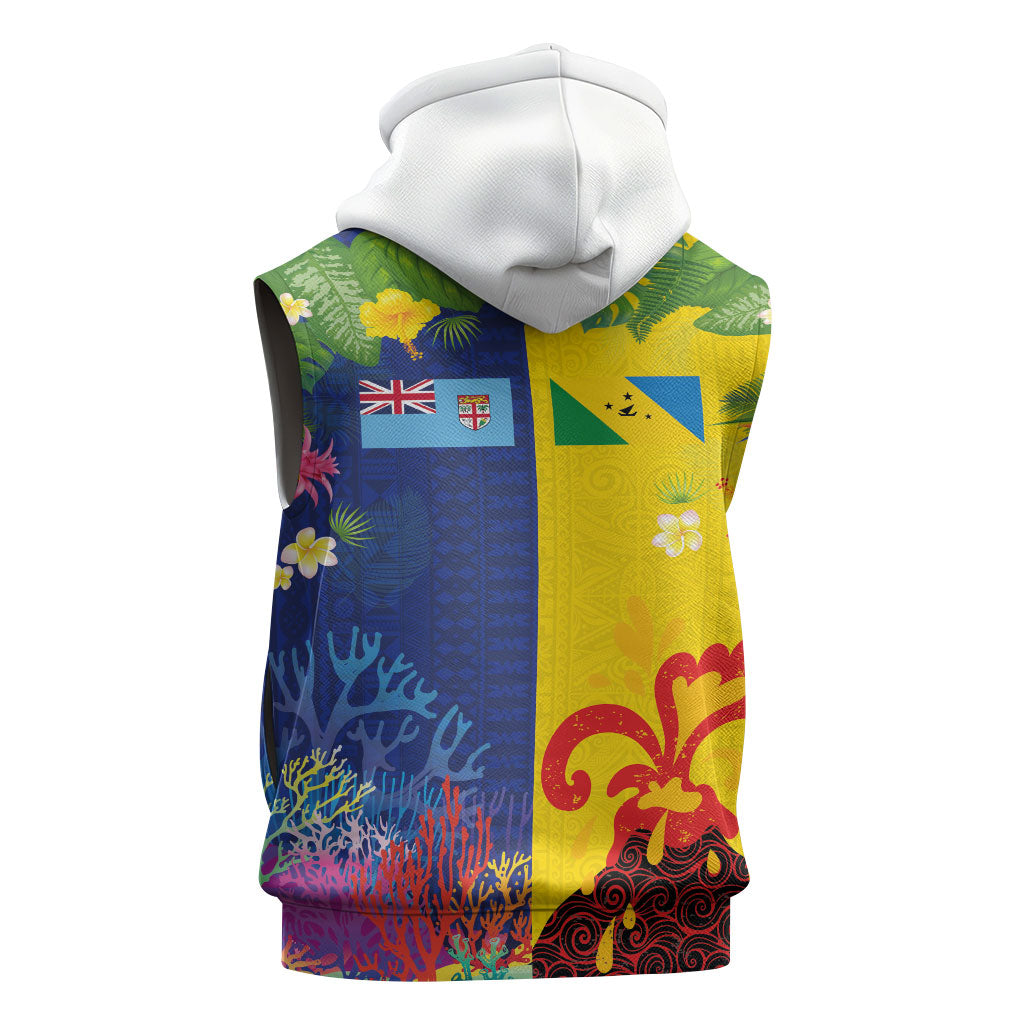 Malampa Fiji Day Sleeveless Zip Hoodie Volcano and Coral Reef with Culture Patterns Split Style