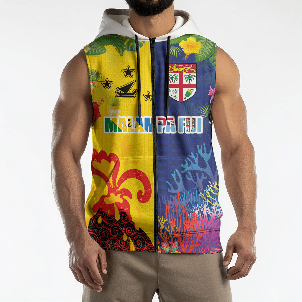 Malampa Fiji Day Sleeveless Zip Hoodie Volcano and Coral Reef with Culture Patterns Split Style