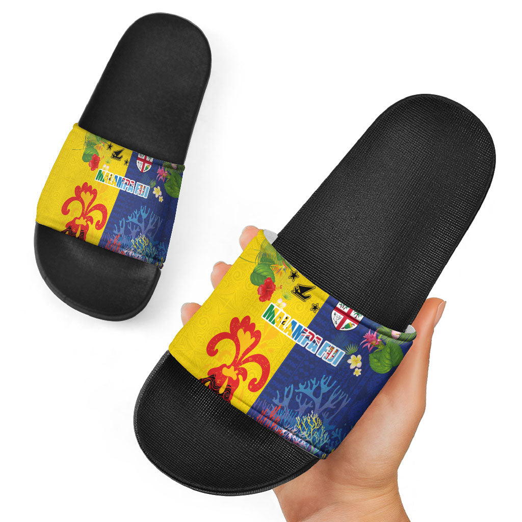 Malampa Fiji Day Slide Sandals Volcano and Coral Reef with Culture Patterns Split Style