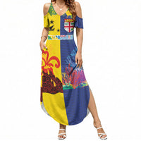 Malampa Fiji Day Summer Maxi Dress Volcano and Coral Reef with Culture Patterns Split Style