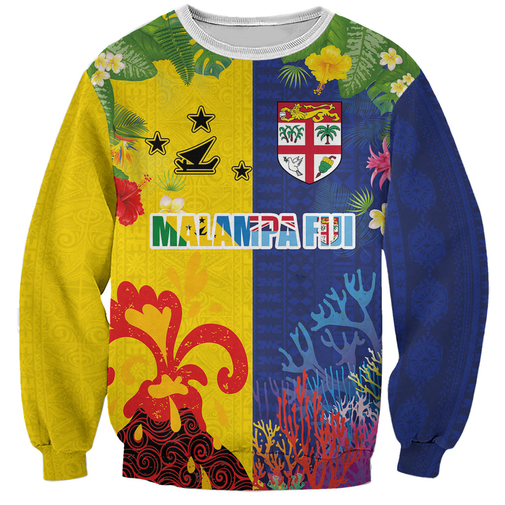 Malampa Fiji Day Sweatshirt Volcano and Coral Reef with Culture Patterns Split Style