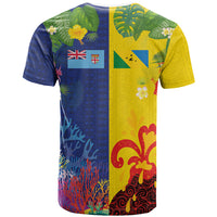 Malampa Fiji Day T Shirt Volcano and Coral Reef with Culture Patterns Split Style
