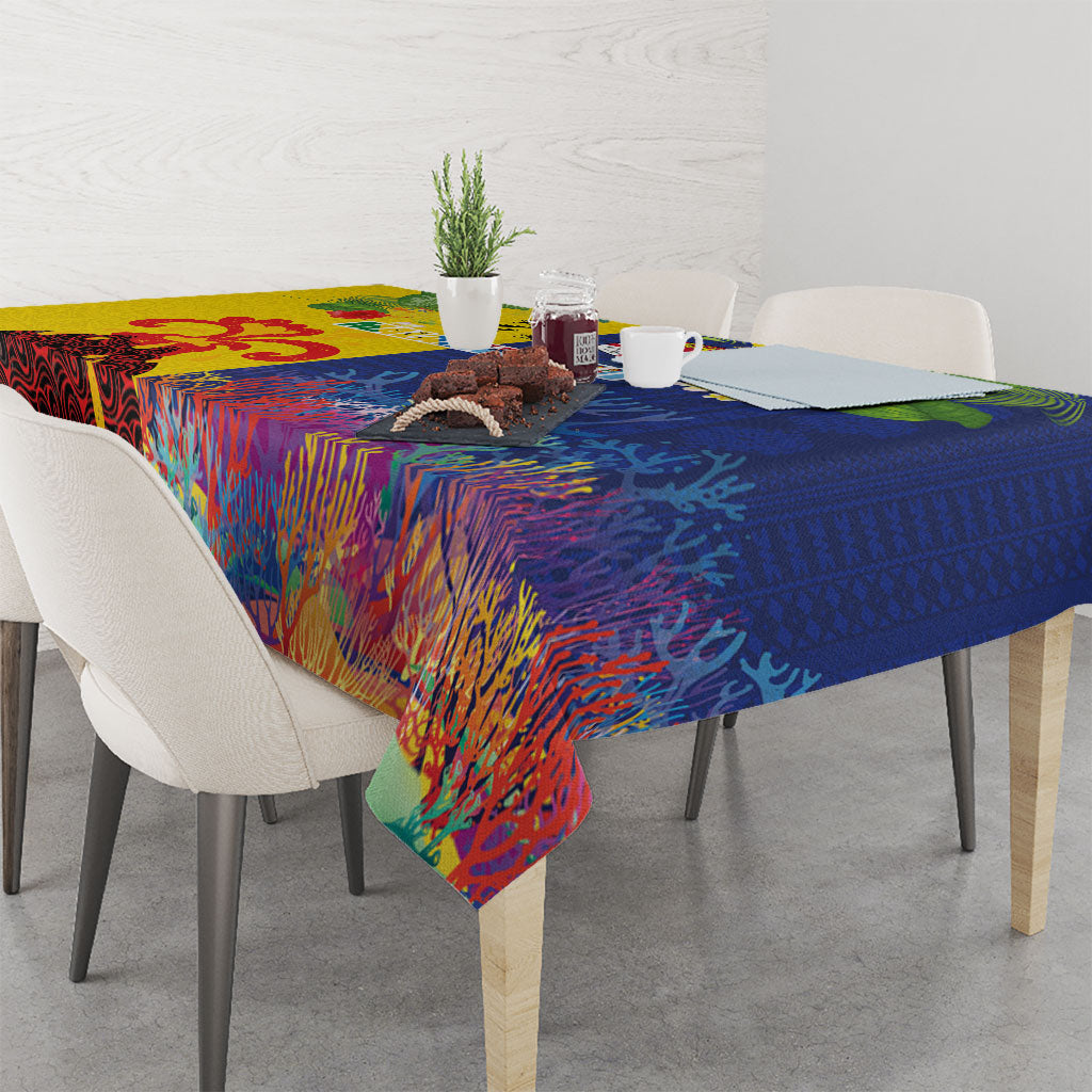 Malampa Fiji Day Tablecloth Volcano and Coral Reef with Culture Patterns Split Style