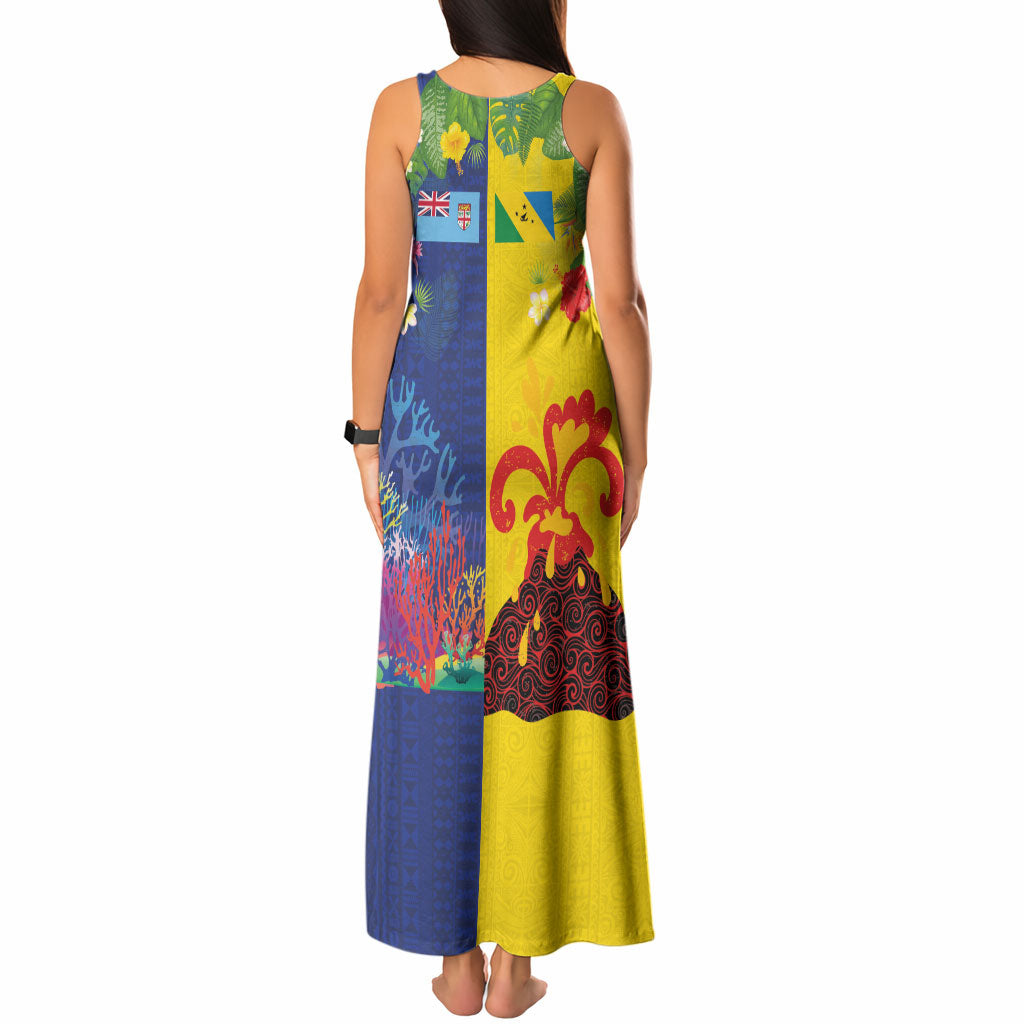 Malampa Fiji Day Tank Maxi Dress Volcano and Coral Reef with Culture Patterns Split Style
