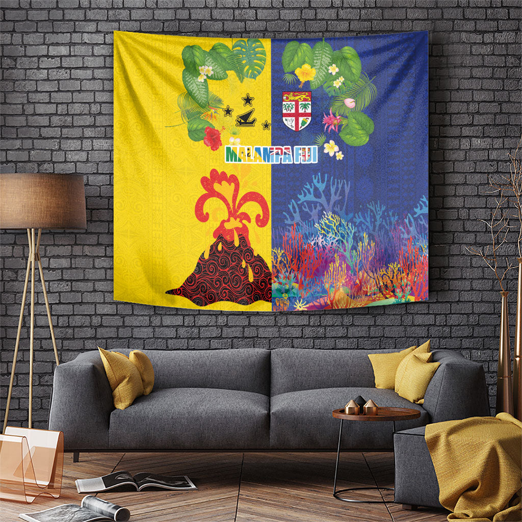 Malampa Fiji Day Tapestry Volcano and Coral Reef with Culture Patterns Split Style