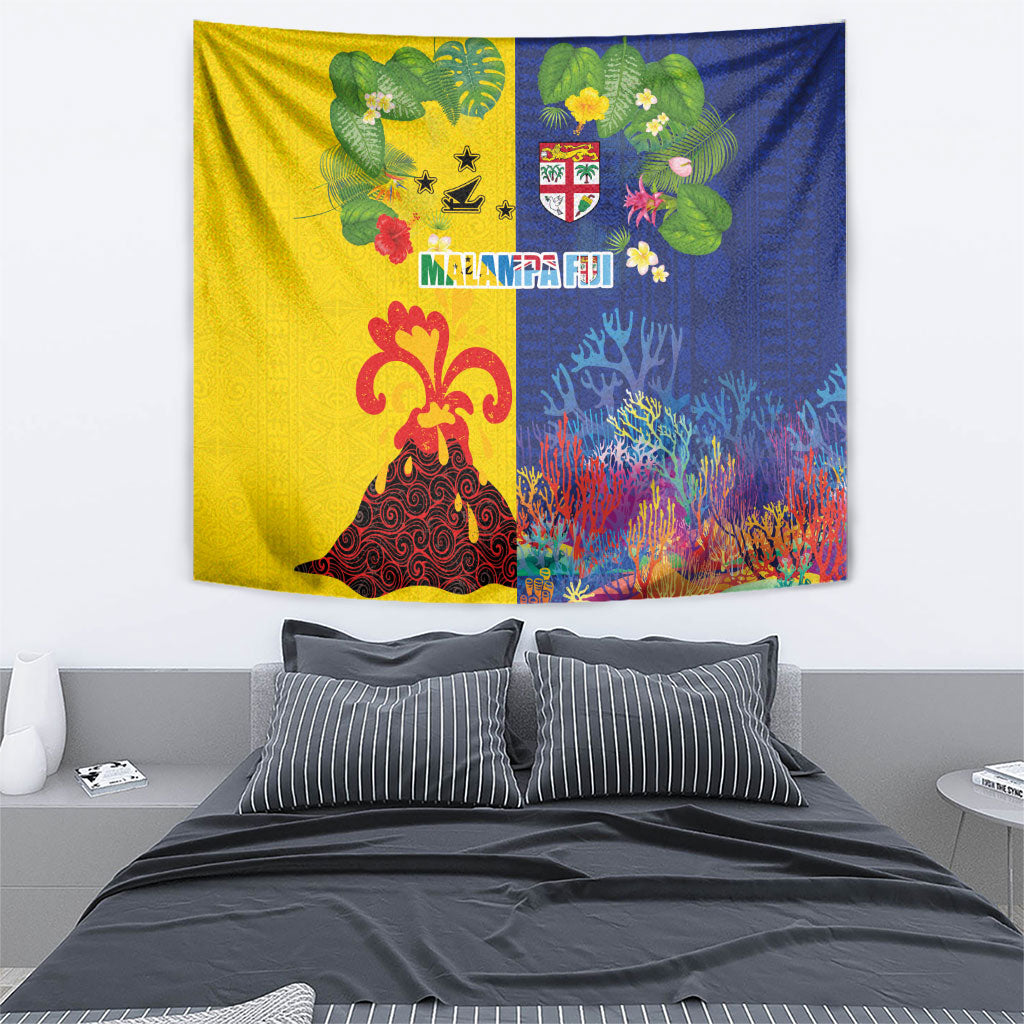 Malampa Fiji Day Tapestry Volcano and Coral Reef with Culture Patterns Split Style