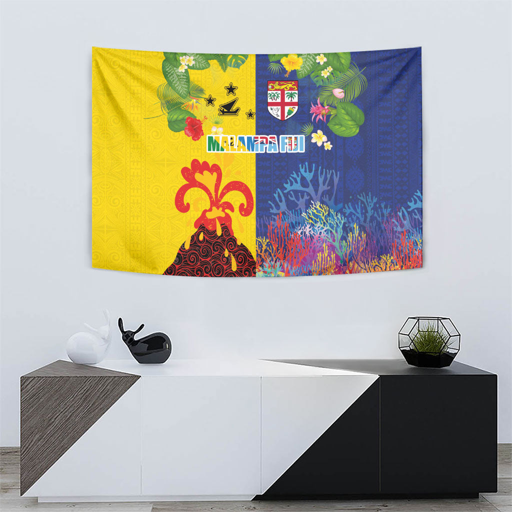 Malampa Fiji Day Tapestry Volcano and Coral Reef with Culture Patterns Split Style