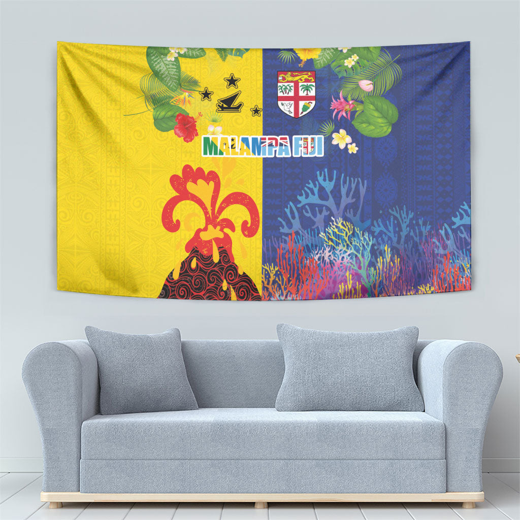 Malampa Fiji Day Tapestry Volcano and Coral Reef with Culture Patterns Split Style
