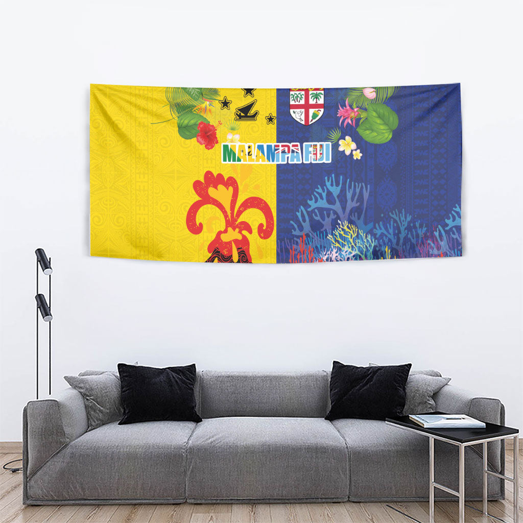 Malampa Fiji Day Tapestry Volcano and Coral Reef with Culture Patterns Split Style