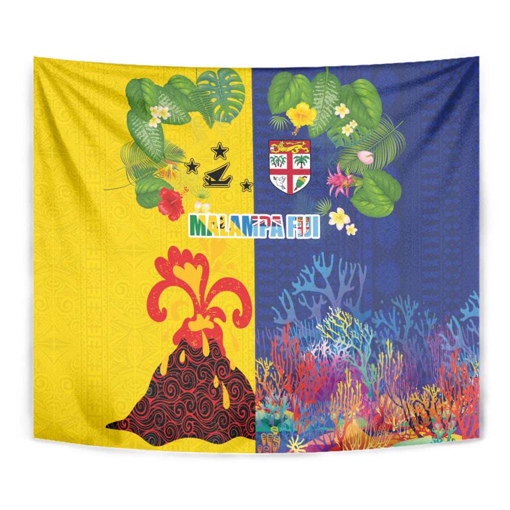 Malampa Fiji Day Tapestry Volcano and Coral Reef with Culture Patterns Split Style