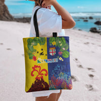 Malampa Fiji Day Tote Bag Volcano and Coral Reef with Culture Patterns Split Style