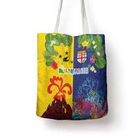 Malampa Fiji Day Tote Bag Volcano and Coral Reef with Culture Patterns Split Style