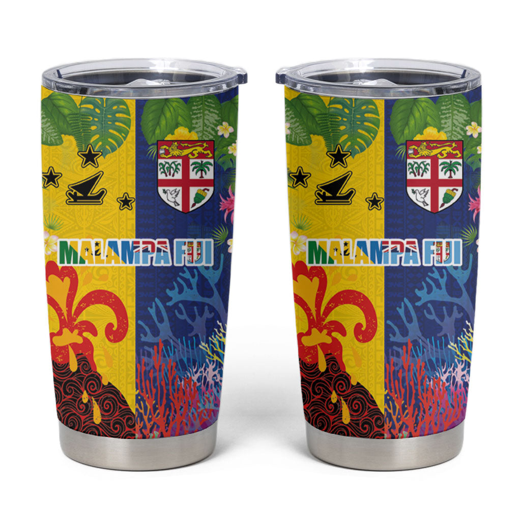 Malampa Fiji Day Tumbler Cup Volcano and Coral Reef with Culture Patterns Split Style